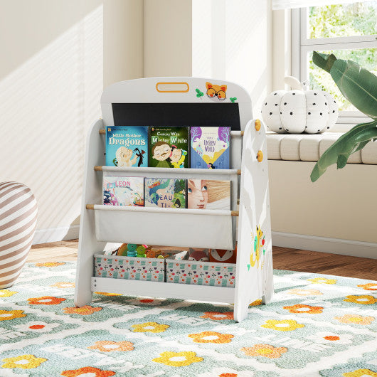 4-in-1 Kids Table and Chair Set Art Easel with Magnetic Whiteboard and Bookshelf-Natural