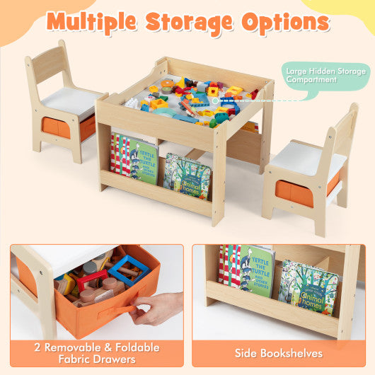 4 in 1 Kids Table and Chair Set with Reversible Graffiti and Building Blocks Tabletop-Natural