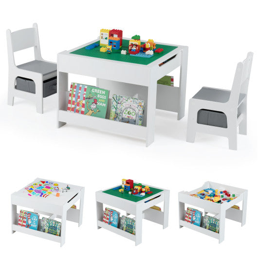4 in 1 Kids Table and Chair Set with Reversible Graffiti and Building Blocks Tabletop-Gray