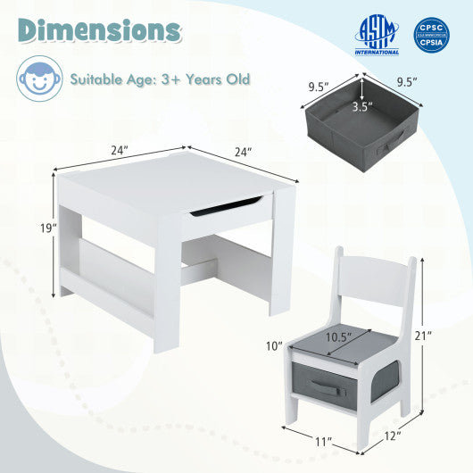 4 in 1 Kids Table and Chair Set with Reversible Graffiti and Building Blocks Tabletop-Gray