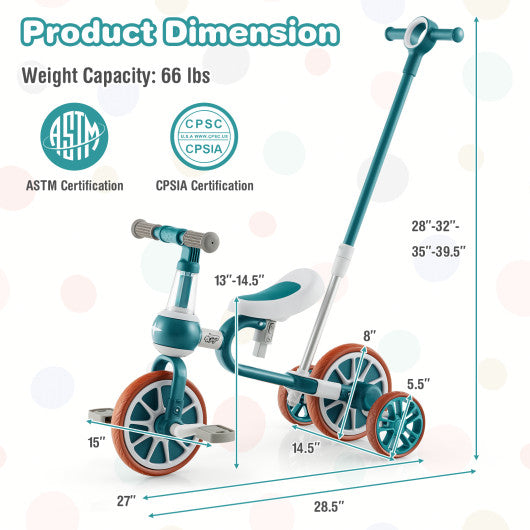 4-in-1 Kids Tricycle with Adjustable Parent Push Handle for 2-4 Years Old-Green