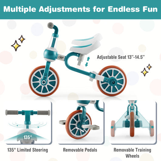 4-in-1 Kids Tricycle with Adjustable Parent Push Handle for 2-4 Years Old-Green