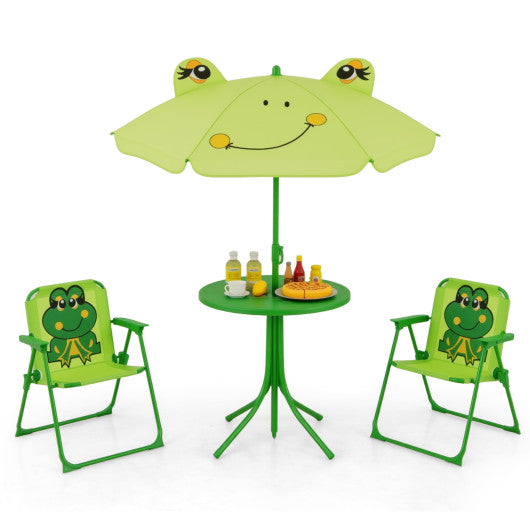 4 Pieces Kids Picnic Set with 2 Folding Chairs and Height Adjustable Umbrella-Light Green
