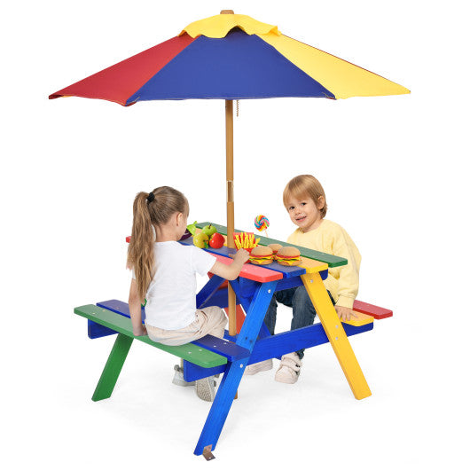 4 Seat Kids Picnic Table with Umbrella-Multicolor