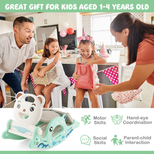 4-in-1 Kids Slide Rocking Horse with Basketball and Ring Toss-Green
