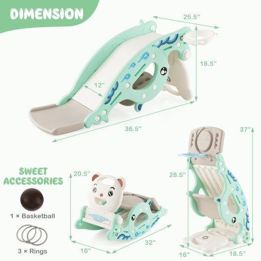 4-in-1 Kids Slide Rocking Horse with Basketball and Ring Toss-Green