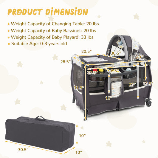 4 in 1 Portable Pack and Play Baby Nursery Center with Bassinet-Yellow