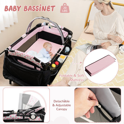 4 in 1 Portable Pack and Play Baby Nursery Center with Bassinet-Pink