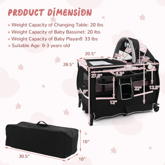 4 in 1 Portable Pack and Play Baby Nursery Center with Bassinet-Pink