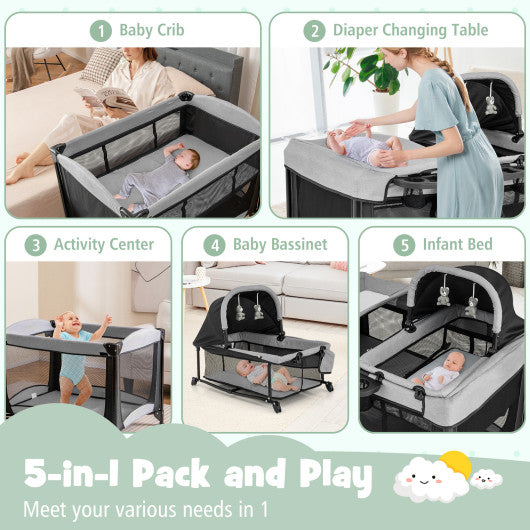 5-in-1 Portable Baby Playard with Cradle and Storage Basket-Black