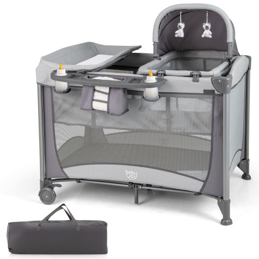 5-in-1 Portable Baby Playard with Cradle and Storage Basket-Gray