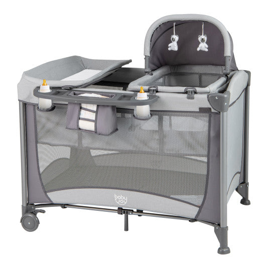 5-in-1 Portable Baby Playard with Cradle and Storage Basket-Gray