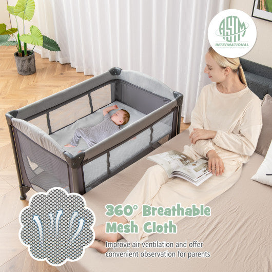 5-in-1 Portable Baby Playard with Cradle and Storage Basket-Gray