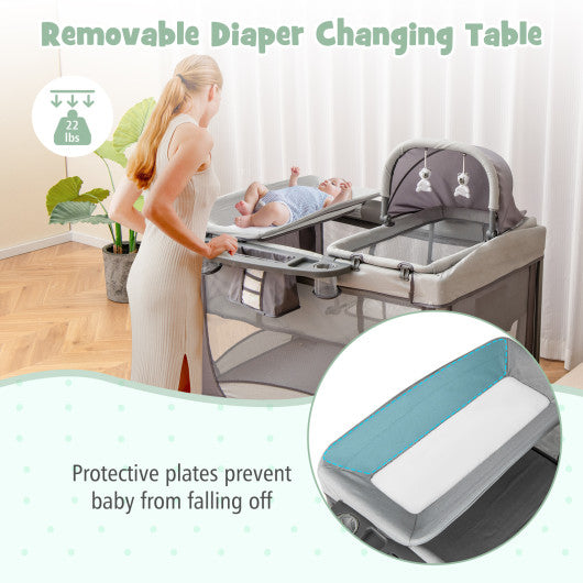 5-in-1 Portable Baby Playard with Cradle and Storage Basket-Gray