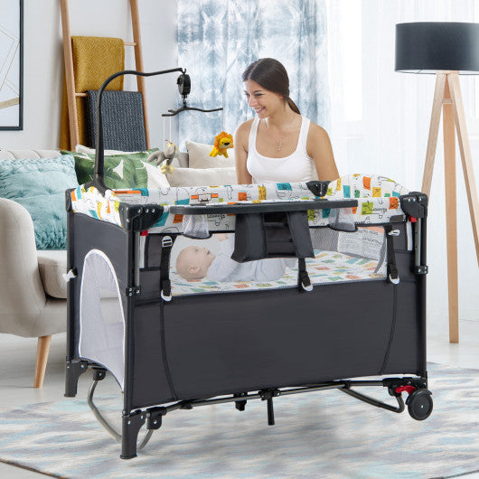 5-in-1 Baby Nursery Center Foldable Toddler Bedside Crib with Music Box-Gray