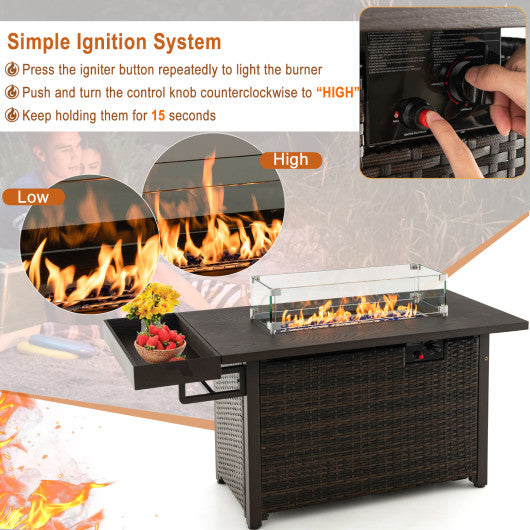 52 Inches Outdoor Wicker Gas Fire Pit Propane Fire Table with Cover-Brown