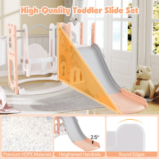 7-in-1 Toddle Swing and Slide Set L-shaped with Ladder and Basketball Hoop-Pink