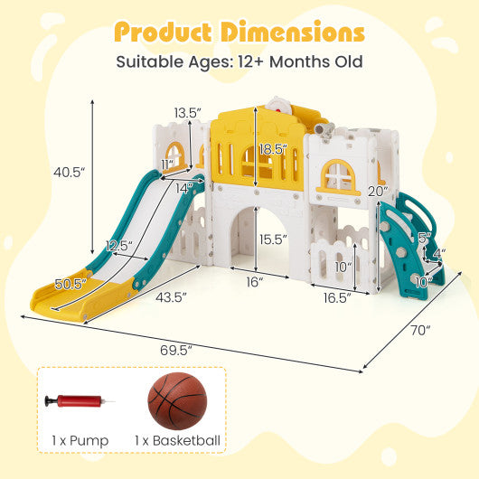 All-in-1 Toddle Slide Playset Playground with Tunnel and Ladder and Basketball-Yellow