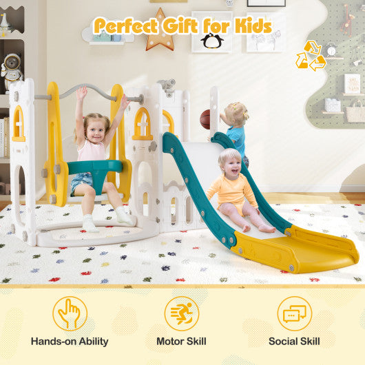 7-in-1 Toddle Swing and Slide Set L-shaped with Ladder and Basketball Hoop-Yellow