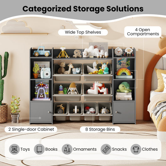 56 inch Large Toy Storage Organizer with 8 Removable Bins and Bookshelf-Gray