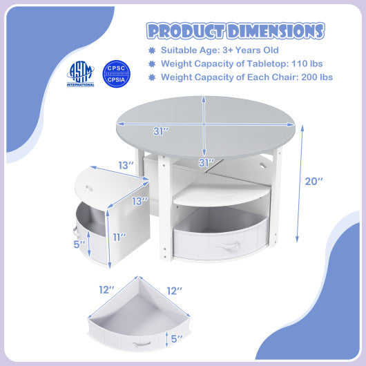 5 Piece Toddler Round Nesting Table with 4 Storage Stools for Activity-Grey