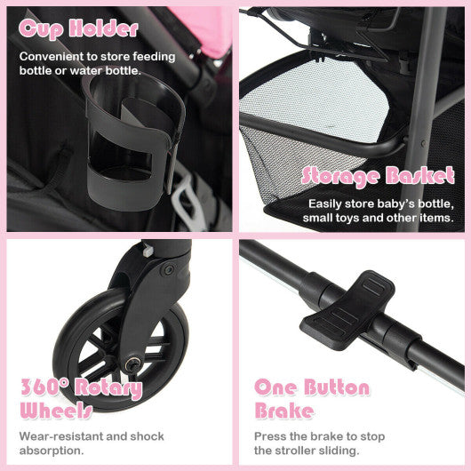 2-in-1 Foldable Pushchair Newborn Infant Baby Stroller-Pink