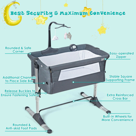 Height Adjustable Baby Side Crib with Music Box & Toys-Dark Gray