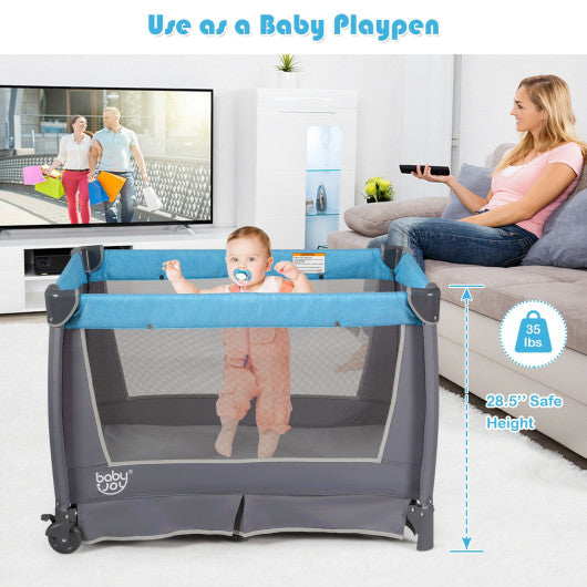 4-in-1 Convertible Portable Baby Play yard with Toys and Music Player-Blue