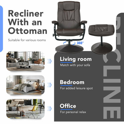 360¡ã PVC Leather Swivel Recliner Chair with Ottoman-Brown