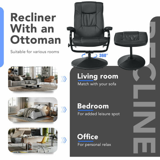 360¡ã PVC Leather Swivel Recliner Chair with Ottoman-Black