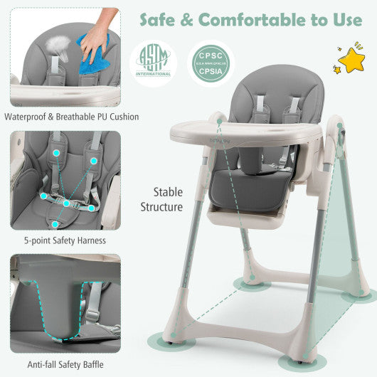 Baby Folding High Chair Dining Chair with Adjustable Height and Footrest-Gray