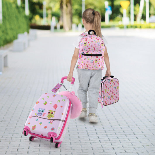 5 Piece Kids Luggage Set with Backpack Neck Pillow Name Tag Lunch Bag-Pink