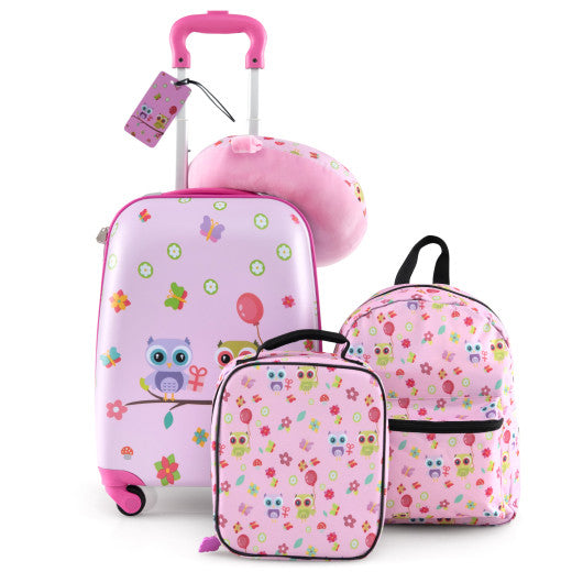 5 Piece Kids Luggage Set with Backpack Neck Pillow Name Tag Lunch Bag-Pink