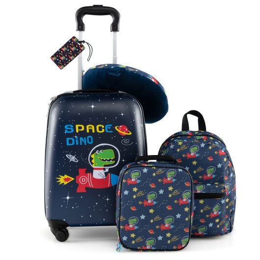 5 Piece Kids Luggage Set with Backpack Neck Pillow Name Tag Lunch Bag-Dark Blue