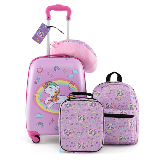 5 Piece Kids Luggage Set with Backpack Neck Pillow Name Tag Lunch Bag-Hot Pink