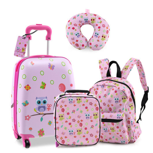 5 Piece Kids Luggage Set with Backpack Neck Pillow Name Tag Lunch Bag-Pink