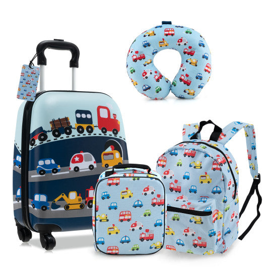 5 Piece Kids Luggage Set with Backpack Neck Pillow Name Tag Lunch Bag-Blue