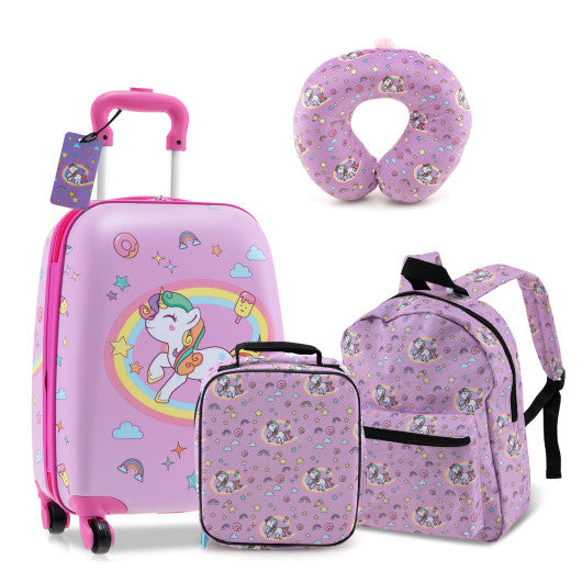 5 Piece Kids Luggage Set with Backpack Neck Pillow Name Tag Lunch Bag-Hot Pink
