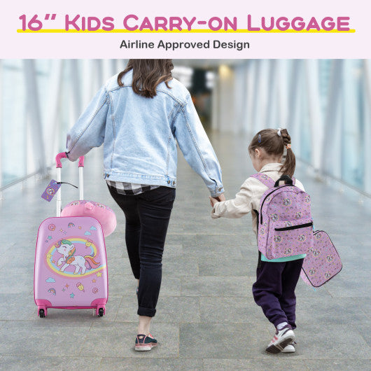 5 Piece Kids Luggage Set with Backpack Neck Pillow Name Tag Lunch Bag-Hot Pink