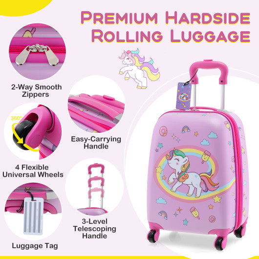 5 Piece Kids Luggage Set with Backpack Neck Pillow Name Tag Lunch Bag-Hot Pink