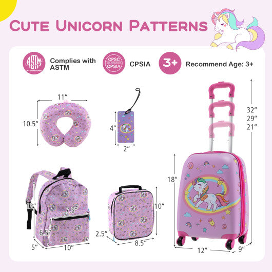 5 Piece Kids Luggage Set with Backpack Neck Pillow Name Tag Lunch Bag-Hot Pink