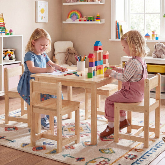 5-Piece Kids Table and Chairs Set Solid Rubber Wood Toddler Activity Table-Natural