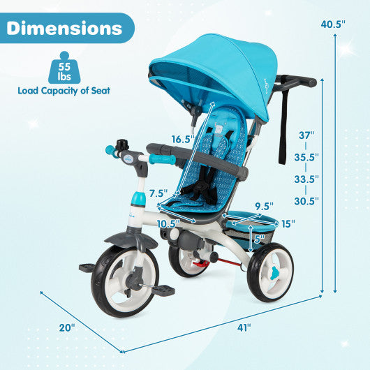 5-in-1 Detachable Baby Stroller Tricycle with Round Canopy-Blue