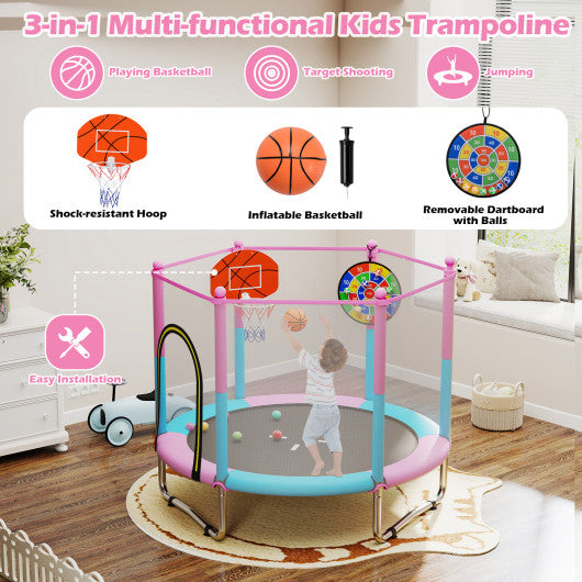 60 inch Kids Trampoline Toddler Recreational Trampoline with Basketball Hoop-Macaron