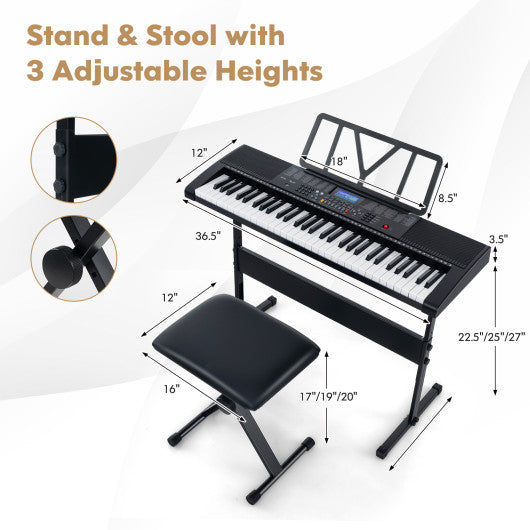 61-Key Portable Electronic Keyboard Piano with Stand and Stool