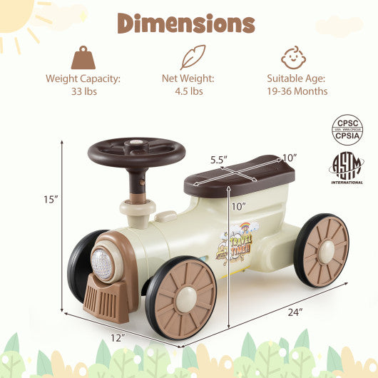 Ride on Toy with Steering Wheel and Train Whistle Sound Button-Beige