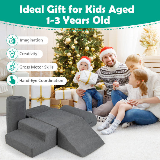 6-Piece Baby Climbing Blocks with 30D High-Density Foam and Carrying Handles-Gray
