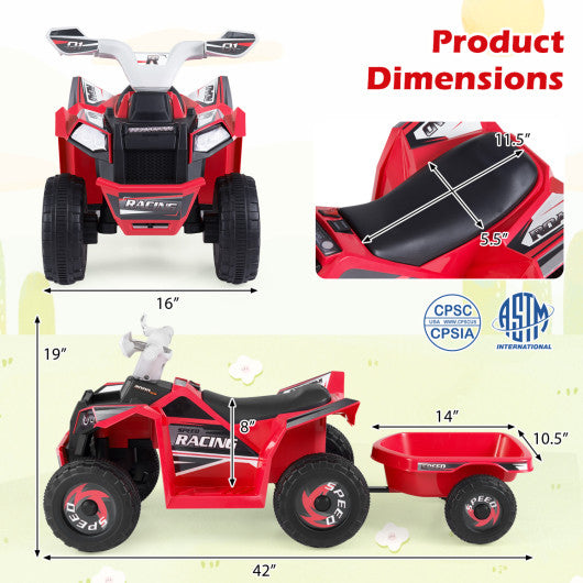 6V Kids Electric ATV Quad Car with Detachable Trailer-Red