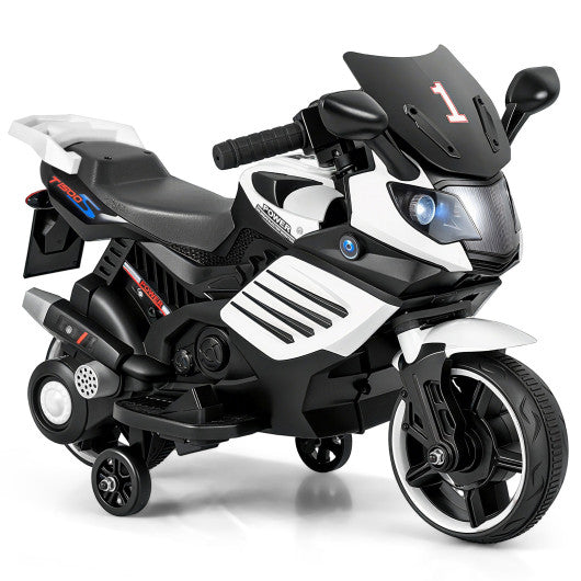 6V Kids Motorcycle with Headlights Music and Detachable Training Wheels-White