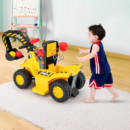 6V Kids Ride On Excavator Fun Digger with Folding Basketball Hoop